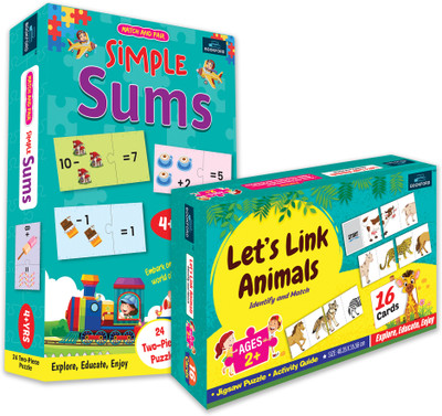 BOOKFORD Exciting Combo Set of 2 Jigsaw Puzzle-Let's link animals & Match & Pair Sums(64 Pieces)