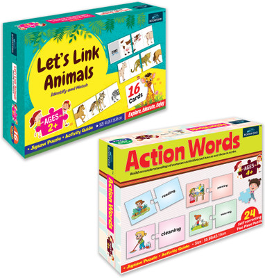 BOOKFORD Exciting Puzzle Combo Set of 2 Jigsaw Puzzle-Let's link animals & Action Words(64 Pieces)