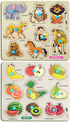 GREST Mini Wooden Animals and Fruits Puzzle, Educational and Learning Game(2 Pieces)