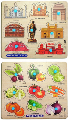 GREST Mini Wooden Monuments and Vegetables Puzzle, Educational and Learning Game(2 Pieces)