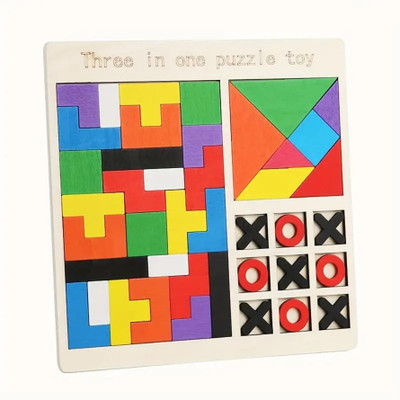 Bloombec 3-in-1 Wooden Educational Puzzle Board, Building Blocks, Tangram and Tic-Tac-Toe(43 Pieces)