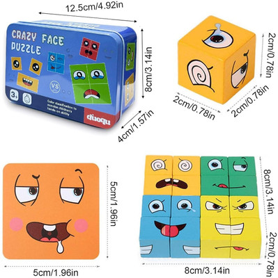 BHVMEY Wooden Face Change Emoji Cube Game Puzzle 16 Blocks & 72 Cards for Kids(16 Pieces)
