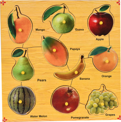 GKids Wooden Colorful Fruits With Knobs Learning and Educational Puzzle Tray for Kids Age 2 And Above(10 Pieces)