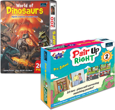 BOOKFORD Exciting Puzzle Combo Set of 2 Jigsaw Puzzle-World of Dinosaurs &Pair Up Right 2(220 Pieces)