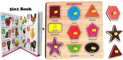 Plus Shine Wooden Geometric Puzzle Shapes&Color Learning Educational Puzzle Board+3in1 Book(1 Pieces)