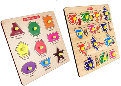 ARVANA Set Of 2 Hindi Vowels Letters Hindi Words Wooden Puzzles + Shapes Matching Toys(2 Pieces)
