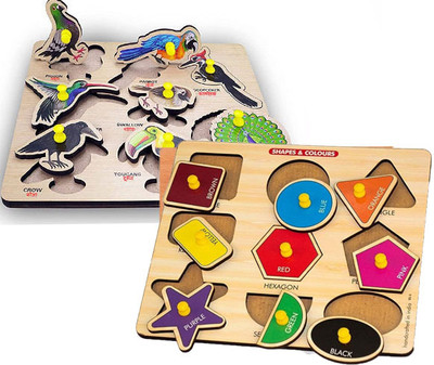 CASADOMANI Pack of 2 Geometric Shape Manipulative Puzzles Blocks+Wooden Birds Names Puzzle(2 Pieces)