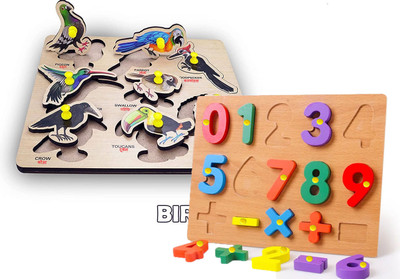 CASADOMANI Pack of 2 Math Number Counting Blocks + Identification Birds Peg Board Puzzle(2 Pieces)