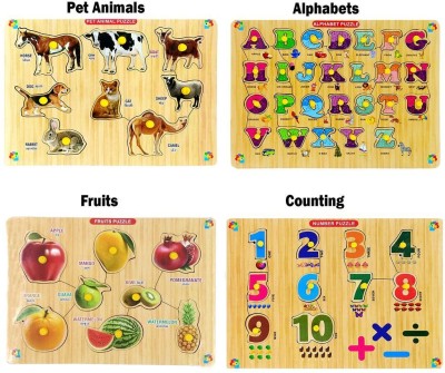 Eduway Educational Wooden Puzzle Combo (Alphabet,Counting,Fruits,Pet Animal)-Pack of 4(52 Pieces)