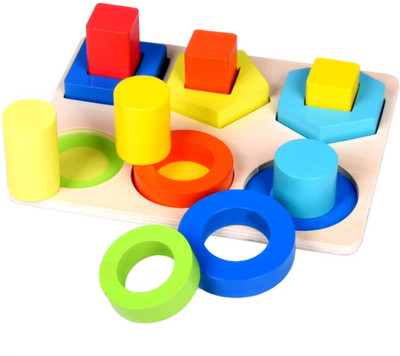 KIDOLOGY Wooden Blocks Pattern Shape Recognition Stacking Toy with 6 Panels Colors(12 Pieces)