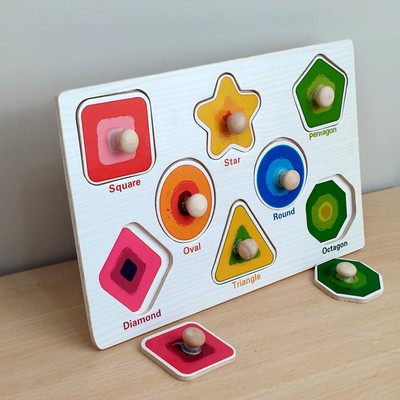 WUDLY Wooden Shape Knob Puzzle Board for Kids Toy Triangle, Star, Circle & More(1 Pieces)