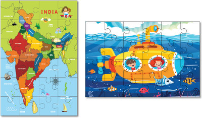 Khilonewale Wooden Jigsaw Puzzle Set of 2 – India Map & Kids in Submarine, 20x30cm,(48 Pieces)