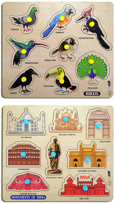 Enorme Mini Wooden Monuments and Birds Puzzle with Knobs Game For Kids(2 Pieces)