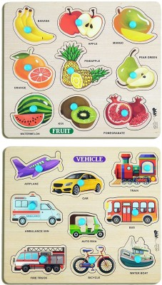 VINMOT Mini Wooden Vehicles & Fruits Puzzle with Knobs, Educational Game For Kids(2 Pieces)