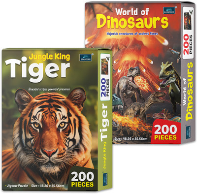 BOOKFORD Jungle King Tiger & World of Dinosaurs Puzzles for Kids | Set of 2(157 Pieces)