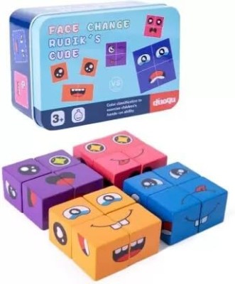 QWICK CLICK Wooden Face Expressions Changing Magic 16 Building Blocks,72 Challenge Cards(16 Pieces)