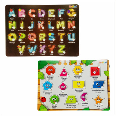 Todfod Wooden Jigsaw Puzzles ABCD 4 in 1 & Shapes Character For Kids,,(2 Pieces)