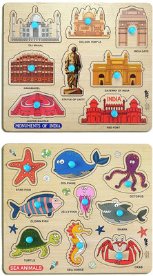 GREST Mini Wooden Sea Animals and Monuments Puzzle with Knobs, Learning Game For Kids(2 Pieces)