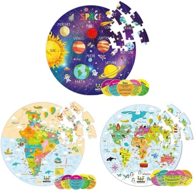 Webby Set of 3 Solar System India Map and World Map Puzzle with 4 Flashcard 60 Pc Each(180 Pieces)