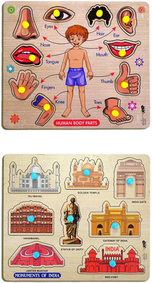 GREST Mini Wooden Human Body Parts and Monuments Puzzle with Knobs Game For Kids(2 Pieces)