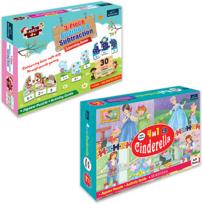 BOOKFORD Exciting Puzzle ComboSetof2Jigsaw Puzzle-3Pcs. Add.&Sub. Game & 4in1 Cinderella(186 Pieces)