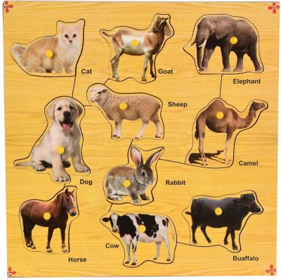 jaraglobal Wooden Domestic Animals With Knobs Educational Tray Puzzle for kids Toddlers Age 2 And Above Boys & Girls(10 Pieces)