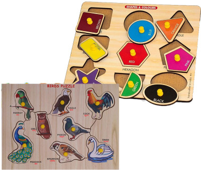 CASADOMANI Packof2 Birds Names Board+Wooden Shapes and Colors Matching Sorting Puzzle(2 Pieces)