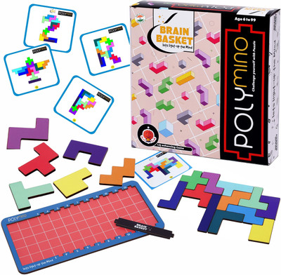 BRAIN BASKET POLYMINO Game for Kids Age 6 Plus with 30 Flashcards Logic Brain Toy Game(45 Pieces)