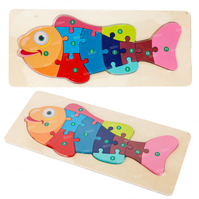 FIDDLERZ Wooden Puzzle Fish Shape Puzzles Numbers Color Learning Toy for Kids 10pcs(10 Pieces)
