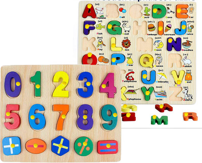 SHALAFI PackOf2 Pictures Wooden Capital Alphabet Puzzles + 0-9 Number & Maths Sign Board(2 Pieces)