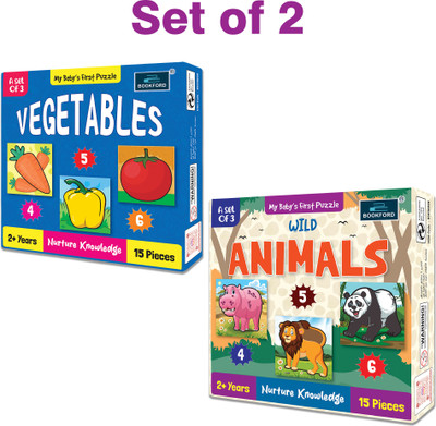 BOOKFORD My Baby'S First Vegetable & Wild animal Puzzle Game&Fun & Learning(Set of 2)(30 Pieces)