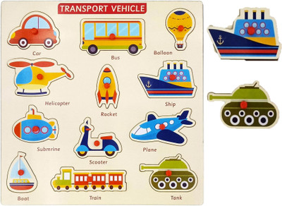 HIGHSEAS Learning Toddlers Wooden Colorful Public Transport Name with Shapes Board Puzzle(1 Pieces)