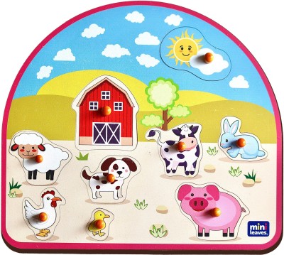 Minileaves Animal Barnyard Wooden Pegged Puzzle for 2+ Years Kids Montessori(9 Pieces)