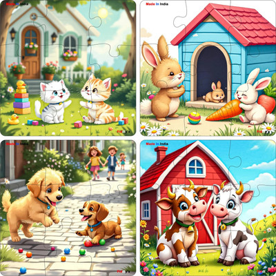 Fiddlys Wooden Jigsaw Puzzle Games for Kids Age 3+ (Pack of 4 PET Animal)(9 Pieces)