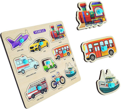 VINMOT Mini Wooden Vehicles Puzzle with Knobs, Educational and Learning Game(9 Pieces)