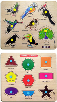 GREST Mini Wooden Shape , Colors and Birds Puzzle with Knobs, Learning Game For Kids(2 Pieces)