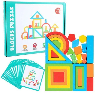 Little Mind Geometric Building Block 18 Pcs Guide Card Creative Rainbow Building Blocks(26 Pieces)