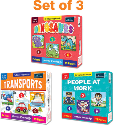 BOOKFORD My Baby'S First Dinosaurs&People atwork&Transports Puzzle Game&Learning Set of 3(45 Pieces)