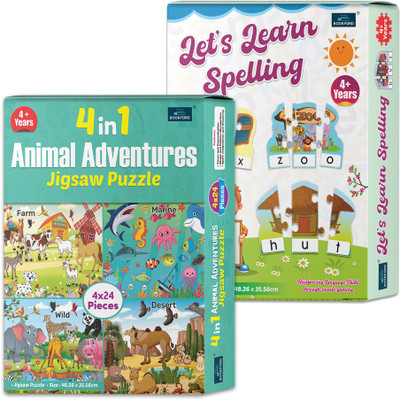 BOOKFORD 4 in 1 Animal Adventure & Let’s Learn Spelling –| Set of 2(186 Pieces)