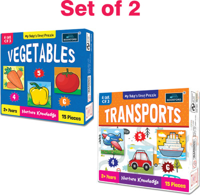 BOOKFORD My Baby'S First Vegetable &Transports Puzzle Game & Fun & Learning(Set of 2)(30 Pieces)