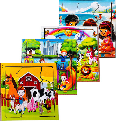HIGHSEAS World Animal, play Ground, Form House, Beach Build Wooden Jigsaw Puzzle Set of 4(4 Pieces)