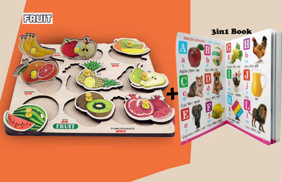 Plus Shine Learning Different Picture Fruit Shape with Name Matching Puzzle Board+3in1 Book(9 Pieces)