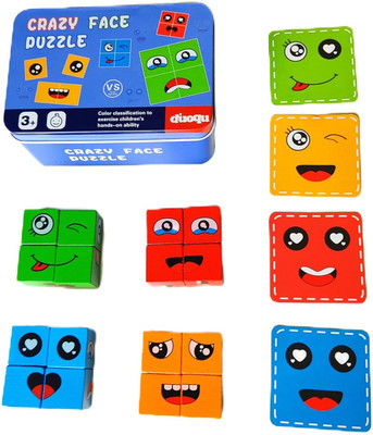 VAALYATOYS Smiley Face Emoji Cube, Wooden Face Game Expression Building Block Puzzles Toy(16 Pieces)