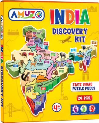 Amuzo India Discovery Kit. India map puzzle with state capitals and state animals.(24 Pieces)