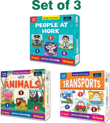 BOOKFORD My Baby'S First People atwork&Transports&WildAnimals Puzzle Game&Learning Setof3(45 Pieces)