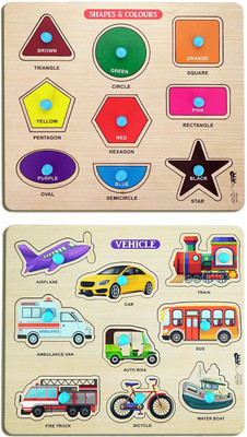 VINMOT Mini Wooden Shape, Colors & Vehicles Puzzle with Knobs, Educational Game(2 Pieces)