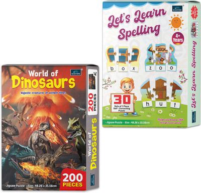 BOOKFORD Let’s Learn Spelling & World of Dinosaurs Jigsaw Puzzles for Kids | Set of 2(290 Pieces)