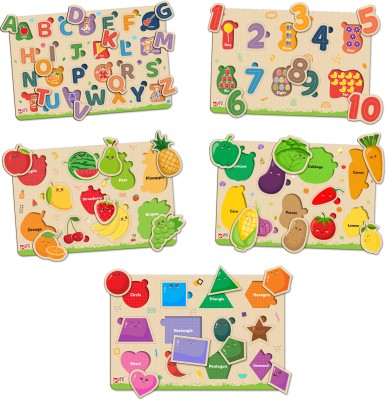 Little Berry Wooden Puzzle Board For Kids: ABCD, Number Shape & More - Wooden Toy Puzzle Tray(68 Pieces)