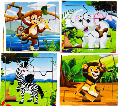SHALAFI Picture Jungle Animals Shape Wooden Jigsaw Puzzle Learning Educational Toys(4 Pieces)