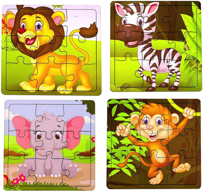 SHALAFI PackOf4 Wooden Animals Shape Puzzle Set 4pcs Wooden Jigsaw Puzzle Set for Kids(4 Pieces)